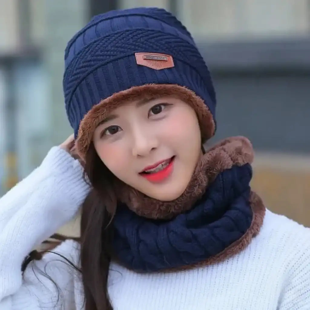 2-in-1 Knitted Winter Scarf Beanie Caps